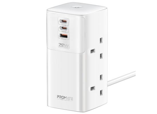 Promate Power Tower 70W multi-port Charging Station dual PD70W USB-C ports, a 30W QC 3.0 port and four universal 2500W Charging Station with Quad AC Sockets